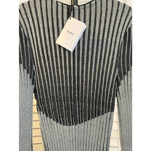 SOLD-Balmain Metallic Rib Knit Long Sleeve Sheath Dress Black Gra IT 40 NWT - Picture 4 of 13
